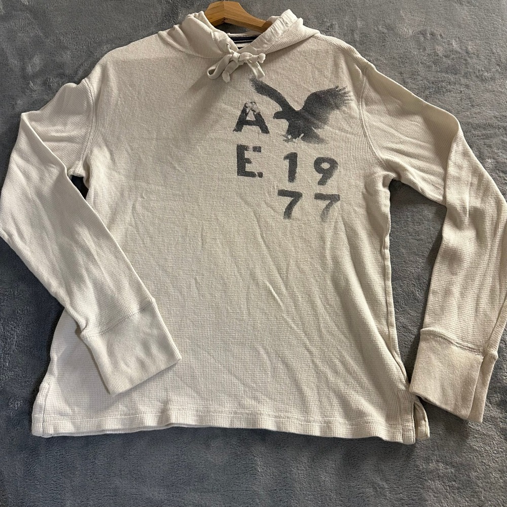 Y2K American Eagle Mens Beige Waffle Thermal Hoodie Medium Skater